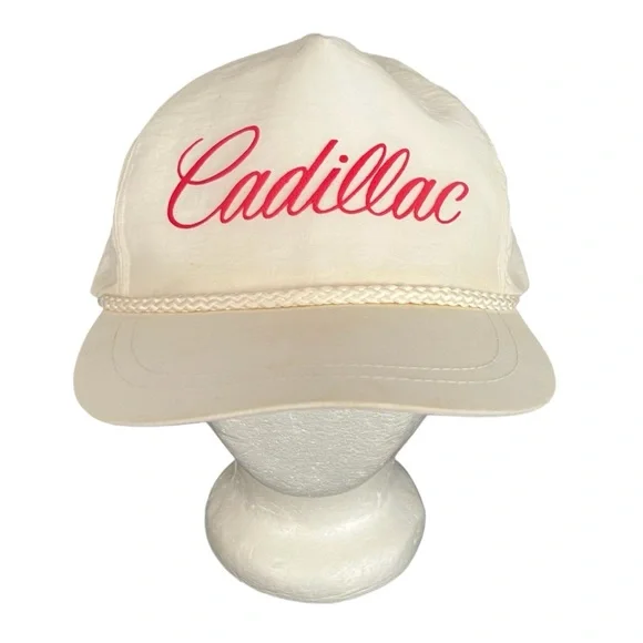 Vintage Cadillac White Hat Snapback Rope Red Hat Cap - Picture 1 of 9